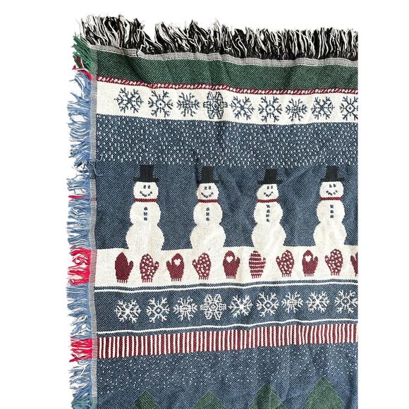 Crown Crafts Cotton USA Snowman Fair Isle Winter Theme Tapestry Blanket Fringe - Picture 2 of 8
